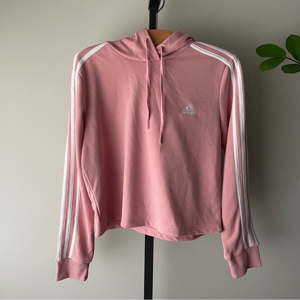 Adidas Essentials 3 Stripe Cropped Hoodie Pink Pullover Womens Size Medium